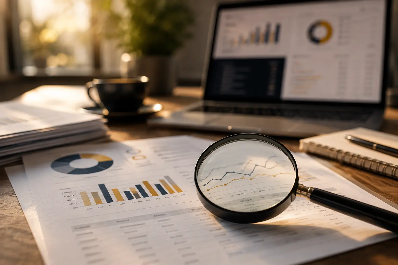 Informe de auditoría web con lupa sobre una pantalla
