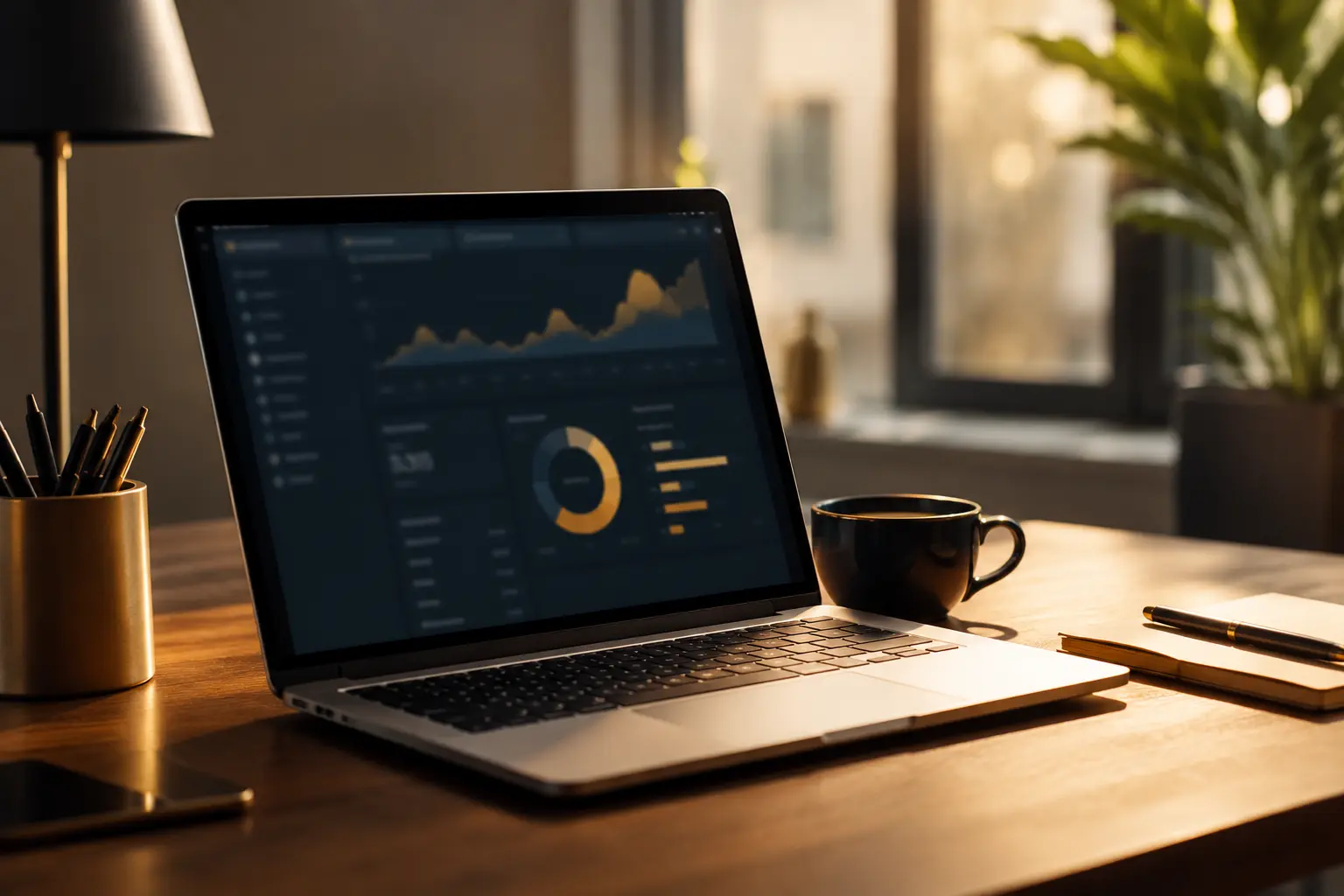 Portátil con panel de análisis de posicionamiento web en una mesa de trabajo