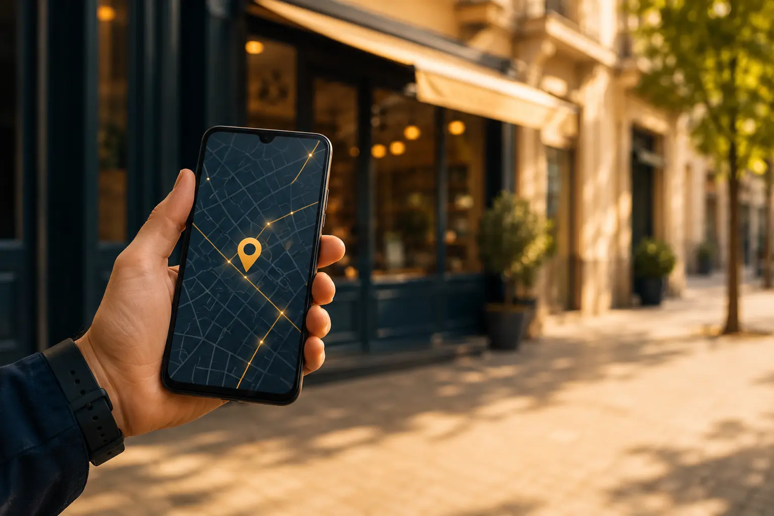 Móvil con mapa y pin de ubicación frente a un comercio local
